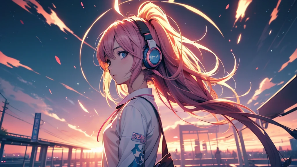 Woman wearing headphones, Anime Style 4 k, anime wallpaper 4k, anime wallpaper 4k, 4k anime wallpaper, anime art wallpaper 4k, anime art wallpaper 4k, Anime Style. 8K, Anime atmosphere, , Ultra HD Anime Wallpaper, Anime Art Wallpaper 8K, Anime Background,landscape、far away、music