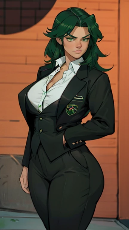 high detailed
1 girl, solo, round Breasts, Black tuxedo, Green eyes, thicc, ironic expression