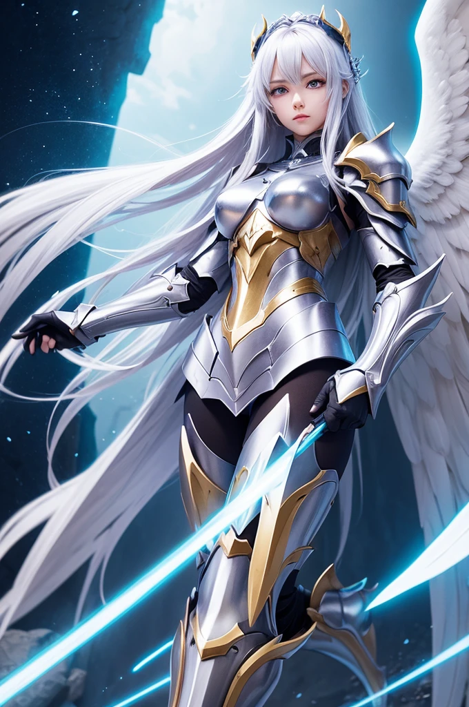Create an image of a half-human angel paladin with detailed anime effect