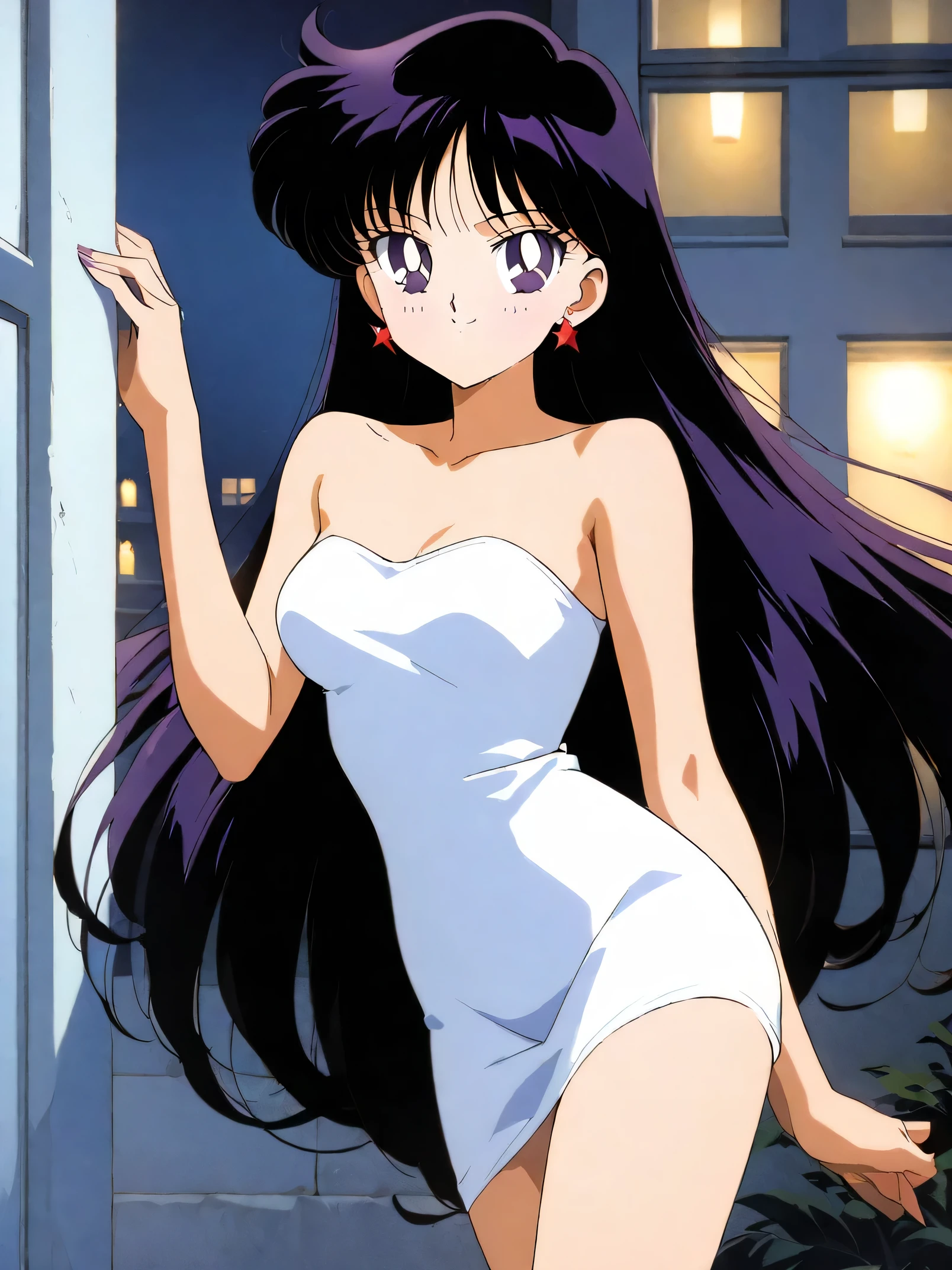 aamars, very long hair, black hair, parted bangs, purple eyes, 1990s \(style\), 1 girl, solo, Best quality, masterpiece, High Definition, strapless white tube dress, collarbone, dancing in the street at night, candle lights on the windowsill, cowboy shot, medium breast, smile,