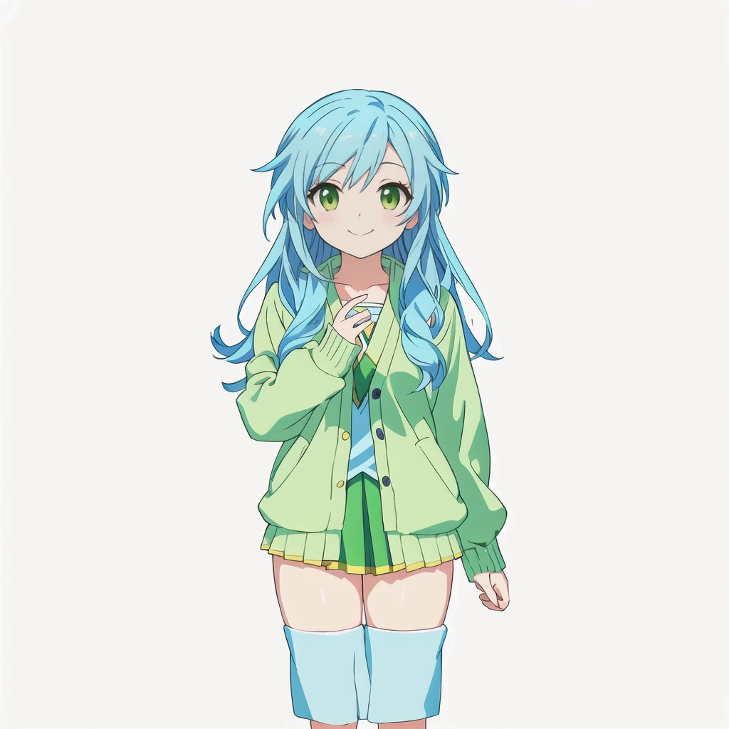 Highest quality, high resolution, High quality anime art style, Official Art, Smooth anime CG art, Stylized anime, Cute 3D anime girl render, Visual Novel Sprites, White background, whole body, Anime-style 3D, Smooth anime CG art, humanoid woman, JRPG Characters, Anime girl wearing a yellow cardigan and a yellow-green flared skirt, Knee-high socks, Anime girl with light blue hair, smile, Thin thighs, Thin legs. long hair, Small Bust, Small breasts,