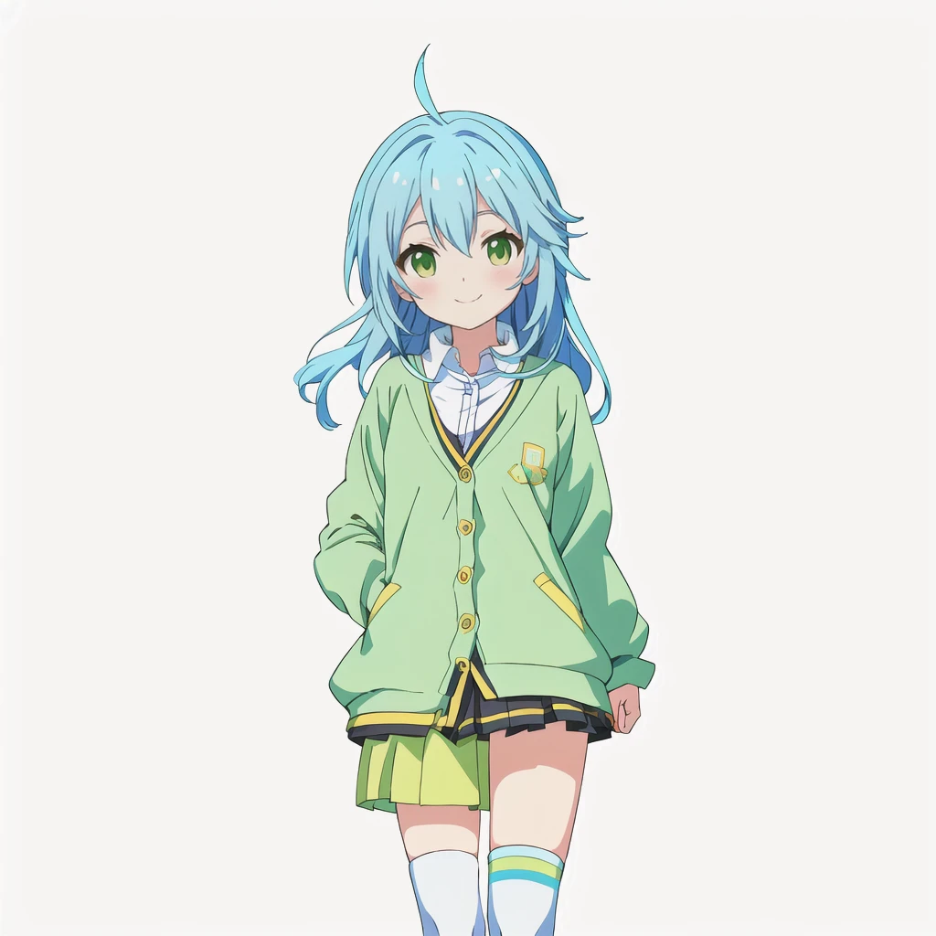Highest quality, high resolution, High quality anime art style, Official Art, Smooth anime CG art, Stylized anime, Cute 3D anime girl render, Visual Novel Sprites, White background, whole body, Anime-style 3D, Smooth anime CG art, humanoid woman, JRPG Characters, Anime girl wearing a yellow cardigan and a yellow-green flared skirt, Knee-high socks, Anime girl with light blue hair, smile, Thin thighs, Thin legs. long hair, Small Bust, Small breasts, 12 years old