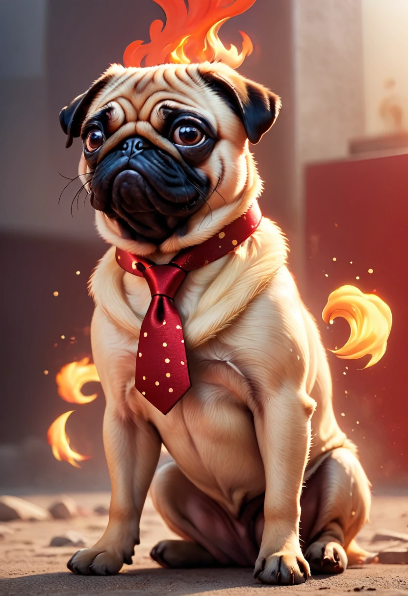 an angry red Pug, with fire on his head as if it were fiery hair, which shows how angry he is, he wears a beige shirt and a white tie with red dots, the Pug is sitting with his paws on the ground, you can see the whole body. realistic, 4k, 8k, photo, cinematic