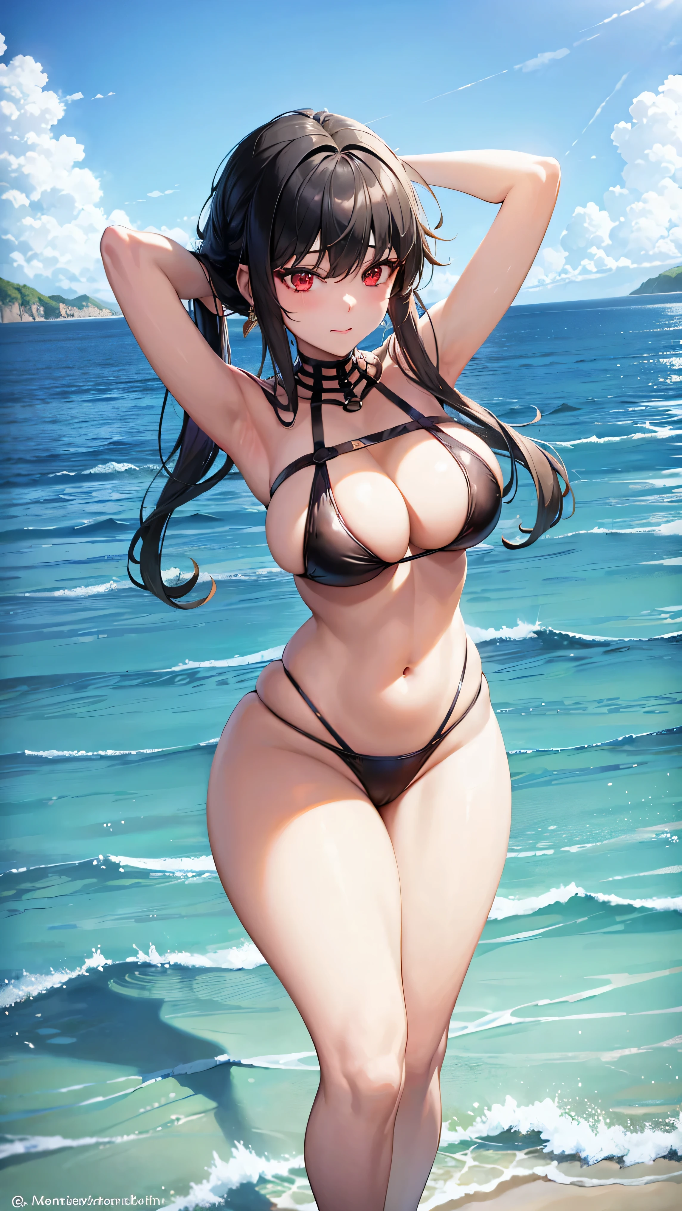 A woman in bikini standing in the water with her arms up high, seductive anime girl, swimsuit, Beautiful and seductive anime woman, on the beach, on the beach, Realistic bikini, Anime girl, Guweiz, Thicc, Anime girls, Anime woman, Beautiful anime woman, Atractive anime girl, at sea, (Anime girl), beautiful anime girl, ((thick legs)))