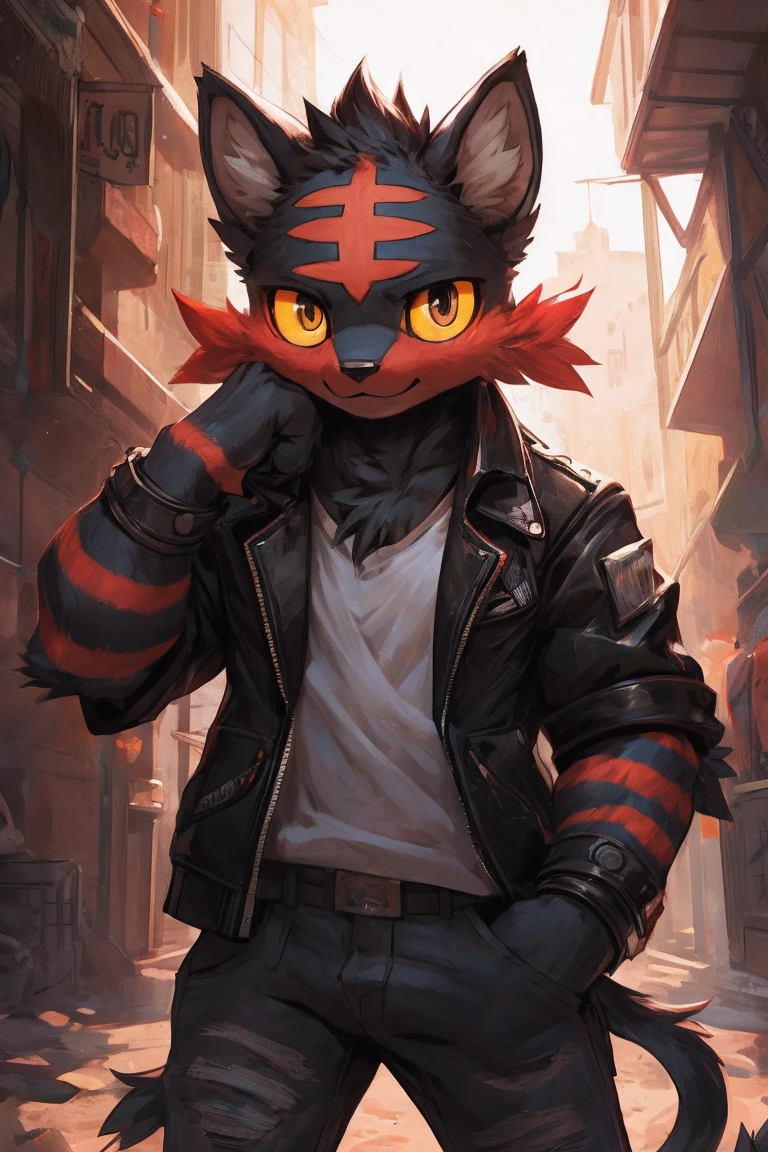 litten, furry, male, solo, looking at viewer, good boy, ultra detailed, front view, hugging pose, (open clothing), punk jacket, tear jeans. perfect lighting, CG, detailed fur texture, by Pino Daeni, niji. in alley. bust portrait, pants down, black fur, white ears, yellow eyes,young,cub, small_head,slim_body,young,cub,
