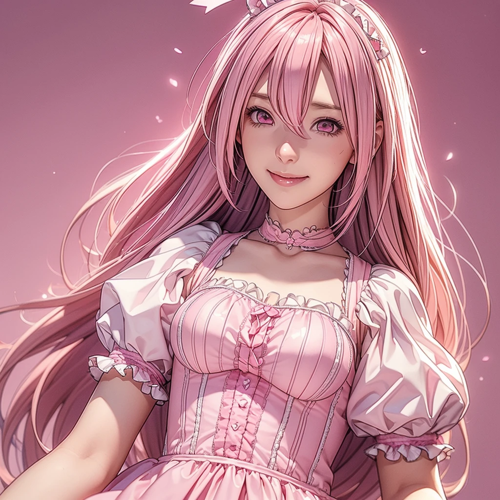 1 girl, game cg, pink frilly dirndl, hair ribbon, gigantic breasts, pink hair, long hair, straight hair, ahoge, pink eyes, smile, open mouth, Valentine,