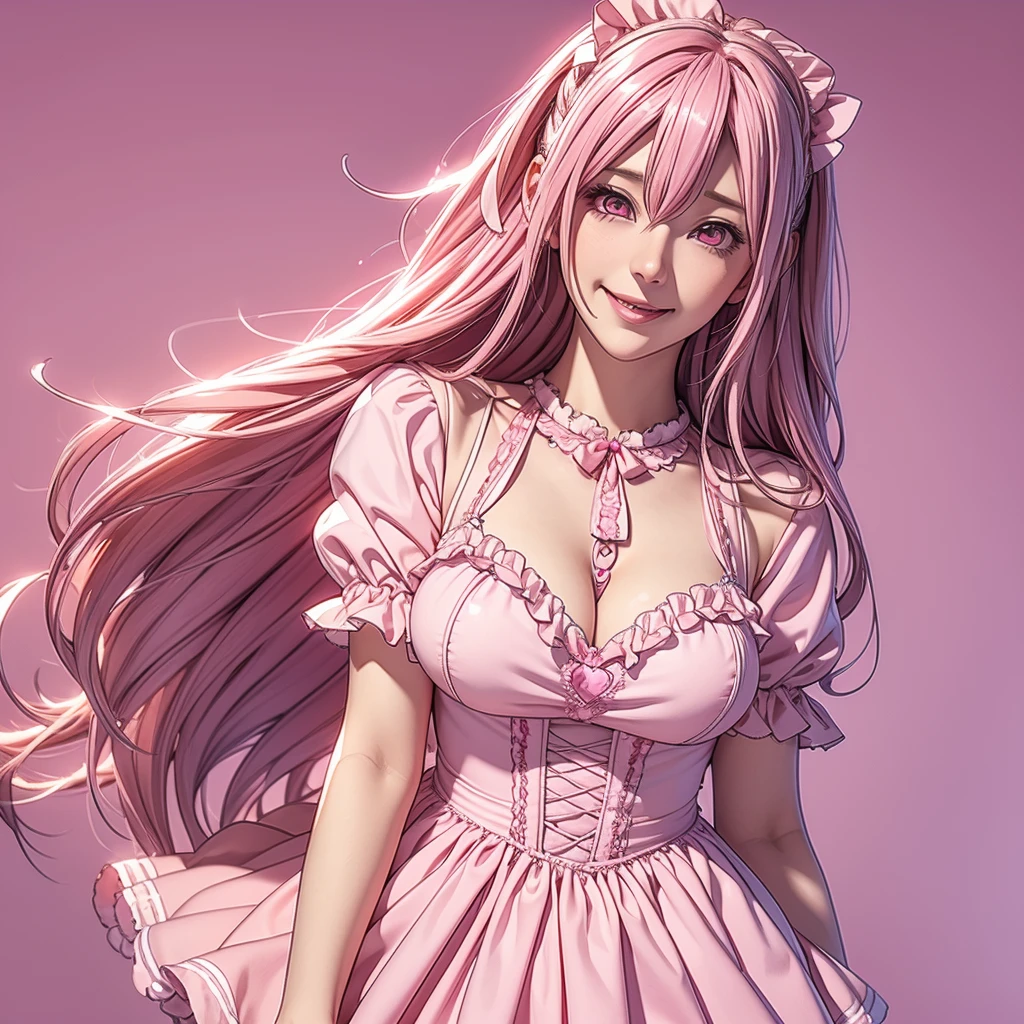 1 girl, game cg, pink frilly dirndl, hair ribbon, gigantic breasts, pink hair, long hair, straight hair, ahoge, pink eyes, smile, open mouth, Valentine,