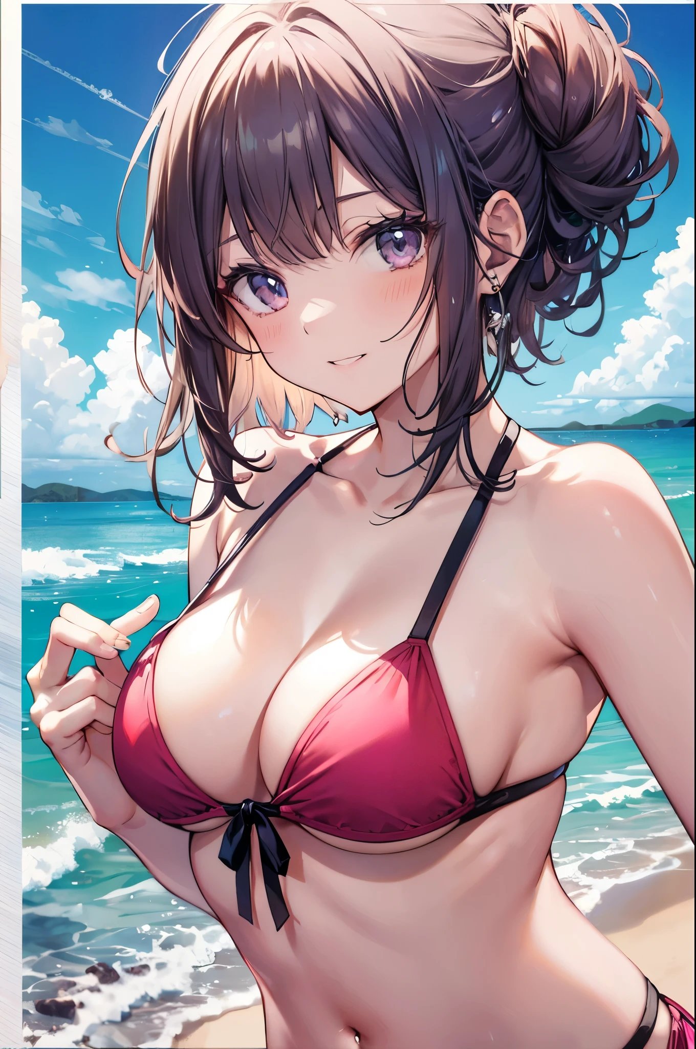 ((Tabletop, Highest quality, High resolution, Pixel perfect, Depth of written border, 4K)), 1 Girl, Beautiful Anime Girls, Beautiful art style,
close, Looking at the audience,
Perfect body,
Yuigahama Yui, Hair Bun, short hair, Big Breasts,
Pink ruffle bikini,
smile, Open your mouth,
Beach, sunlight, shade,
Upper Body,