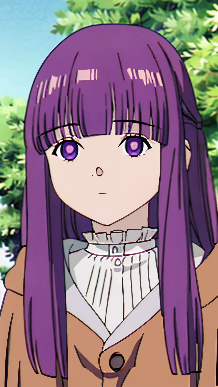 ((fern)), (masterpiece, best quality, ultra high resolution, 8k:1.2), (anime), highly detailed CG, ultra detailed, improved quality, super resolution, detailed and beautiful, detailed beautiful girl, detailed face, detailed eyes, detailed waist, detailed legs, alone, one girl, alone, long hair, large medium breasts, expressionless, (fern clothing:1.3), (Cowboy Shot, watching at viewers:1.2), center of image,