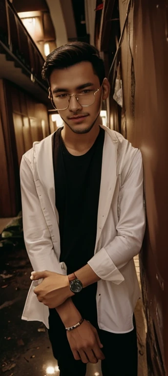 1 boy in, age19, Solo, Long hair, Colossal , Looking at Viewer, black hair, Bare shoulders, Black eyes, jewely, Full body, a necklace, off shoulders, Sweaters, Realistic, white t shirt red suit 
