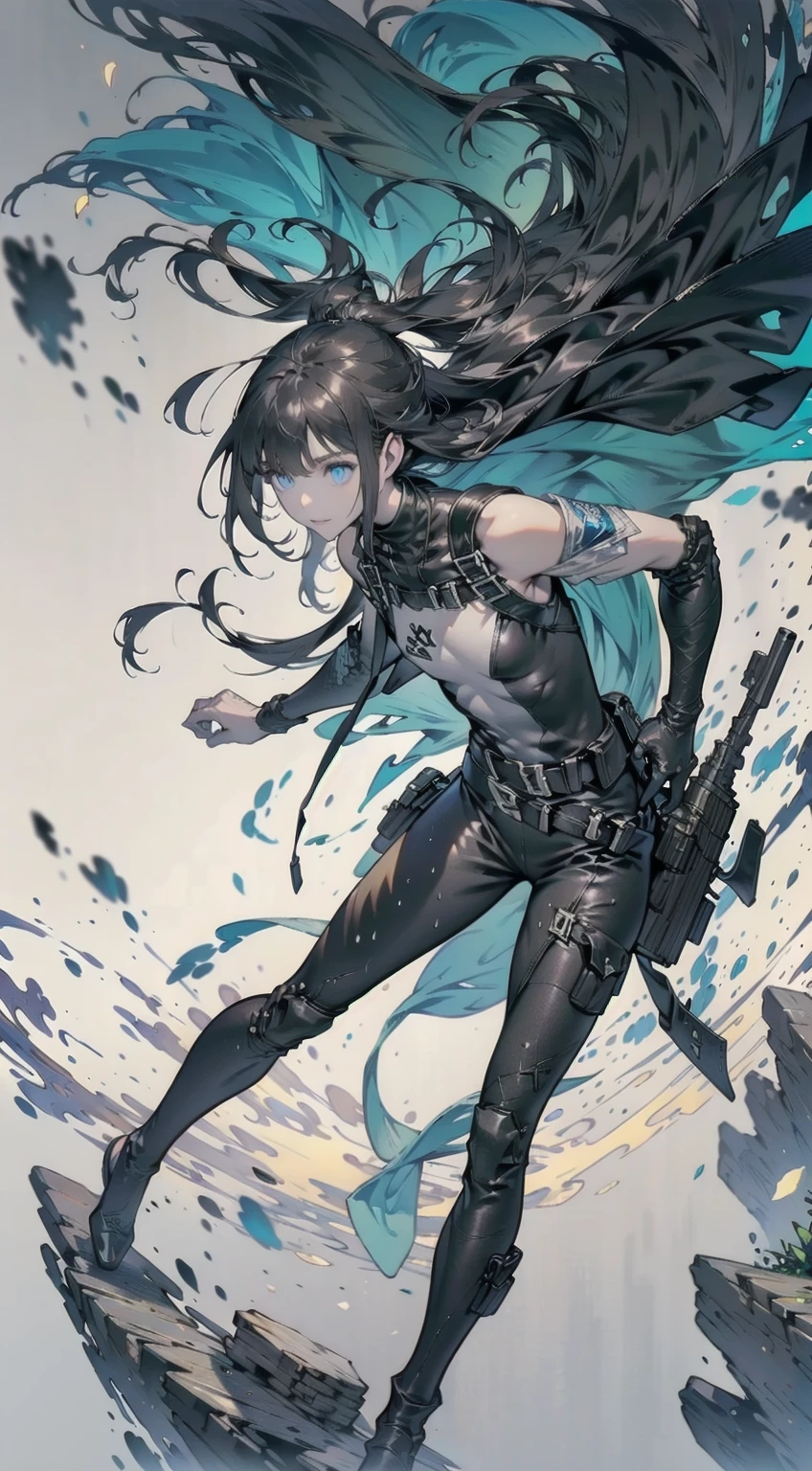 (((custom combat suit)))、Beautiful artwork illustration，Beautiful digital artwork、(((Very long black hair、long hair)))、(((Change into a diving wetsuit))),(masterpiece、Highest quality、Highest quality、Beautiful and aesthetic:1.2)、Check it out,Small and slim body, solo, One Girl, Highest detail、Vivid texture、Slender body, Full Body Shot, Beautiful Blue Eyes, beautiful girl, Small Face、White skin、 ((Body Armor:1.5))、(Sharp focus),(Cowboy Shot),((Black tactical glove armor、戦術的なBody Armor、gun belt、Gun Holster))、