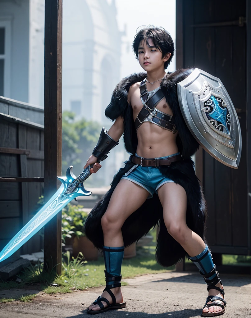 Young 13-year-old boy with black hair and brown eyes, innocent and happy, dressed in short neon-blue medieval barbarian clothes, fur shorts, light-blue battle armor, weilding silver sword and shield, sandals; fullbody; short hair, boyish athletic, sexy,