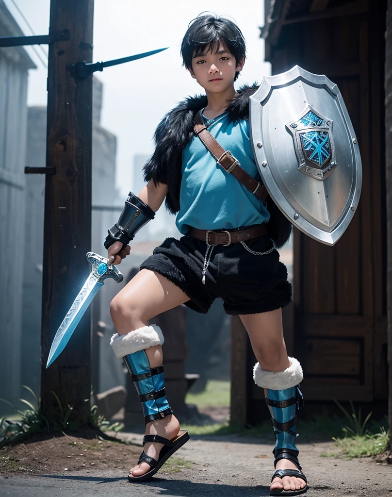 Young 13-year-old boy with black hair and brown eyes, innocent and happy, dressed in short neon-blue medieval barbarian clothes, fur shorts, light-blue battle armor, weilding silver sword and shield, sandals; fullbody; short hair, boyish athletic, sexy,