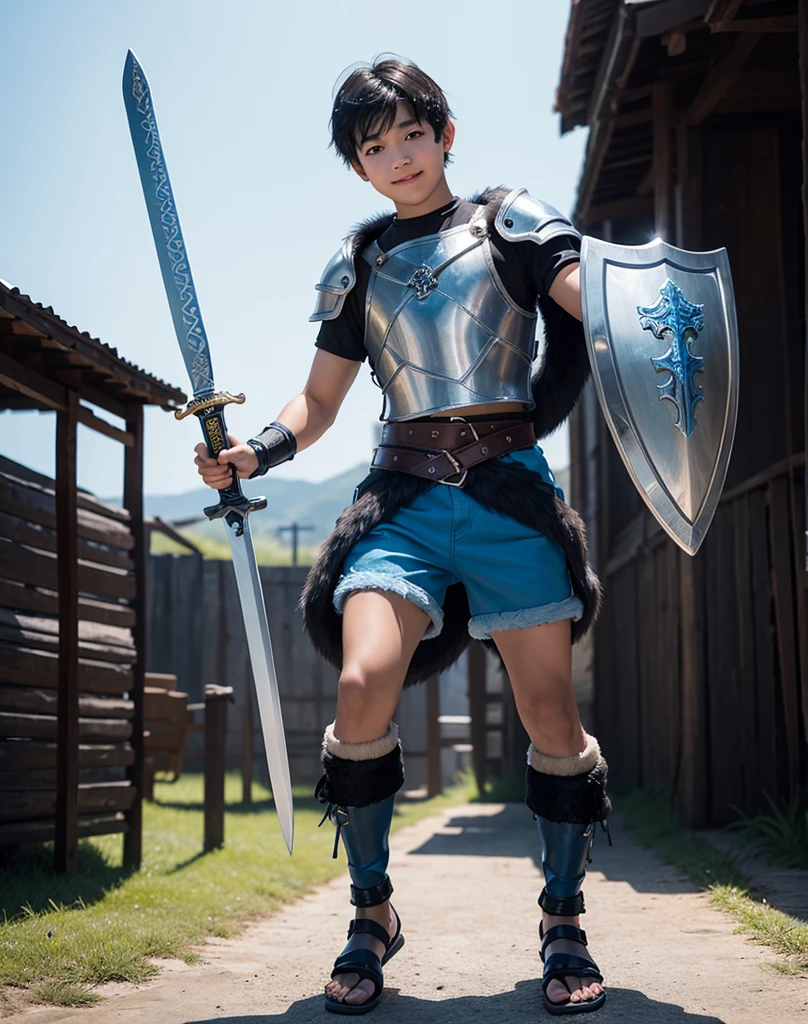 Young 13-year-old boy with black hair and brown eyes, innocent and happy, dressed in short neon-blue medieval barbarian clothes, fur shorts, light-blue battle armor, weilding silver sword and shield, sandals; fullbody; short hair, boyish athletic, ????,