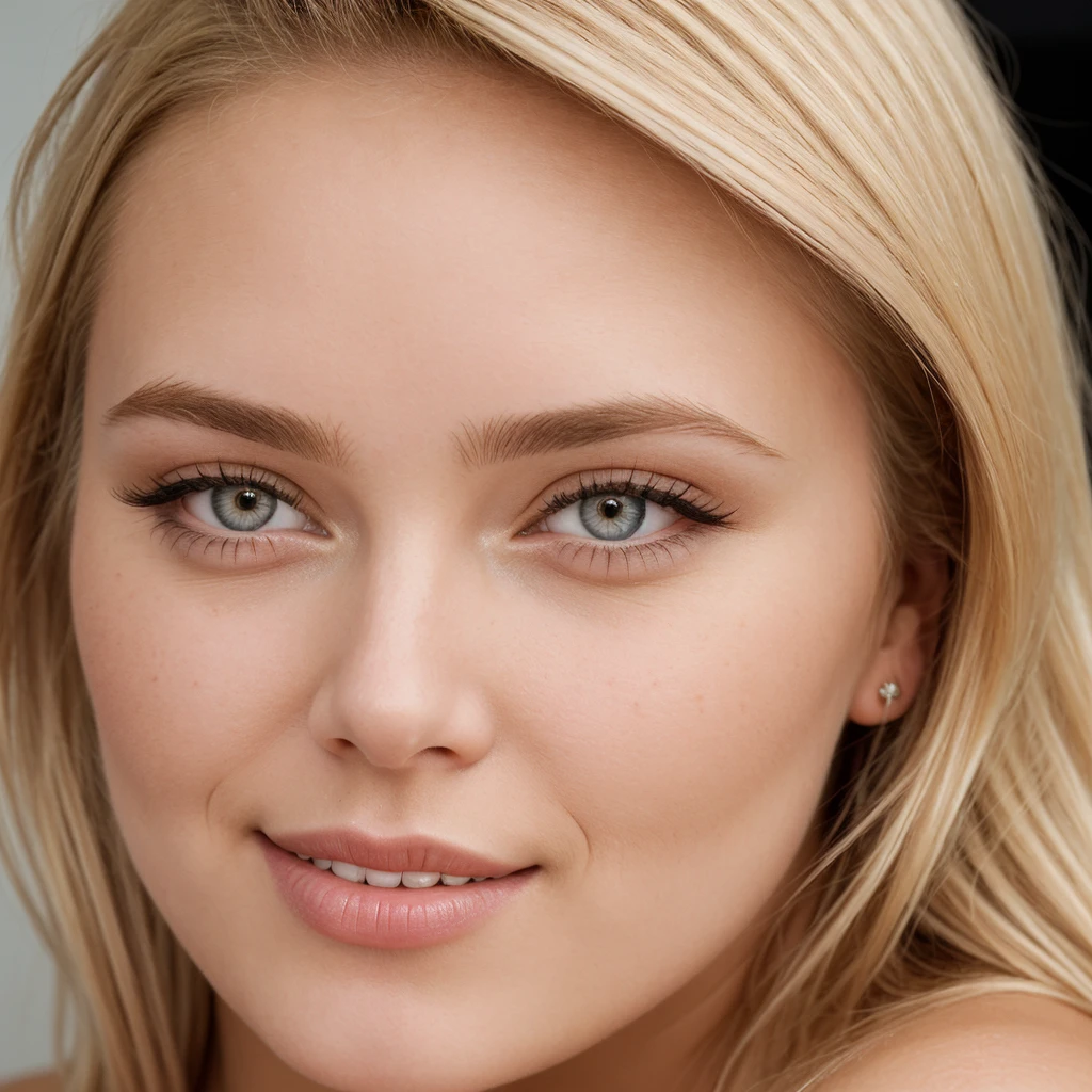 21 year old Scandinavian glamour model, detailed eyes, eyelashes, forehead, short hair, blonde hair, looking at viewer, smile