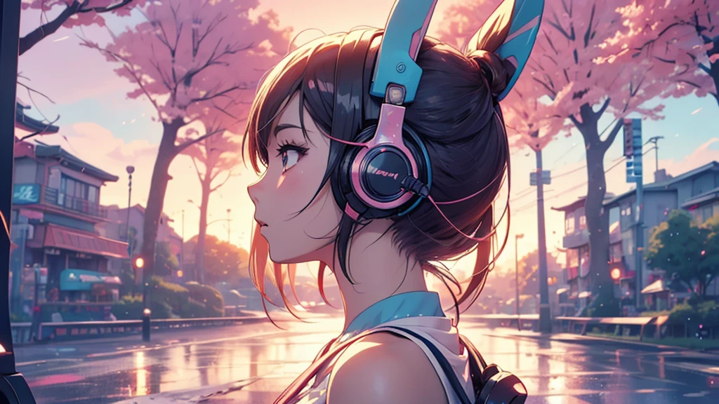 Woman wearing headphones, Anime Style 4 k, anime wallpaper 4k, anime wallpaper 4k, 4k anime wallpaper, anime art wallpaper 4k, anime art wallpaper 4k, Anime Style. 8K, Anime atmosphere, , Ultra HD Anime Wallpaper, Anime Art Wallpaper 8K, Anime Background,landscape、far away、music