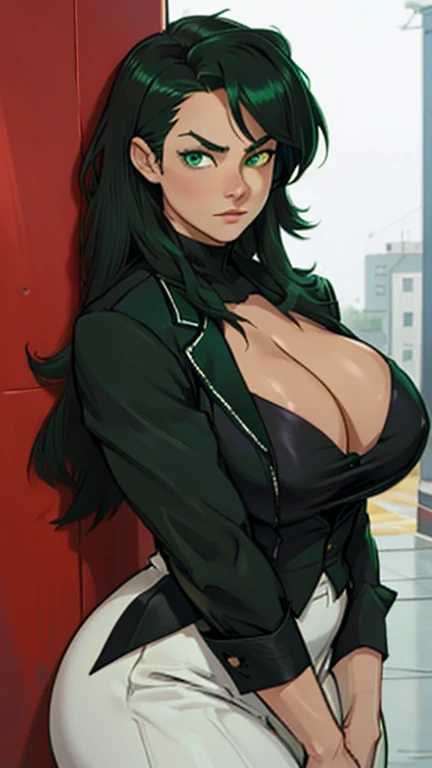 high detailed
1 girl, solo, round Breasts, Black tuxedo, Green eyes, thicc, ironic expression