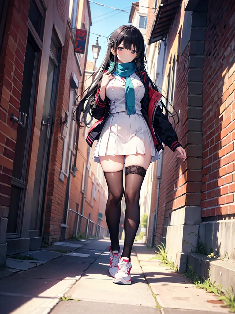 1girl,,legwear,,anklet,black hair,straight_hair,hime cut,long hair,sneakers,huge filesize,scarf,Uniforms,lace,student, breasts,Jacket