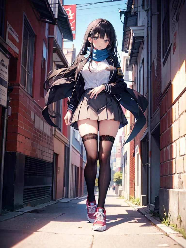 1girl,,legwear,,anklet,black hair,straight_hair,hime cut,long hair,sneakers,huge filesize,scarf,Uniforms,lace,student, breasts,Jacket