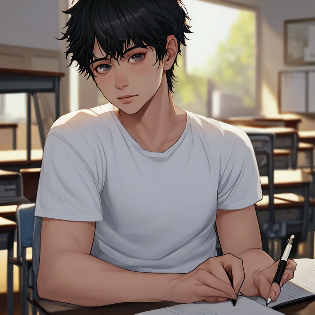 detailed portrait of a young man sitting in a classroom, wearing a white t-shirt and holding a pen, black short hair, exams and books on the desk, upper body focus, Loepfe artistic style, popular on CGStation, Xinhaicheng H 2160, inspired by Bian Shoumin, Xinhaicheng, Planned, guvitz style, best quality, 4k, 8k, highres, masterpiece:1.2, ultra-detailed, realistic, photorealistic, photo-realistic:1.37, HDR, UHD, studio lighting, ultra-fine painting, sharp focus, physically-based rendering, extreme detail description, professional, vivid colors, bokeh