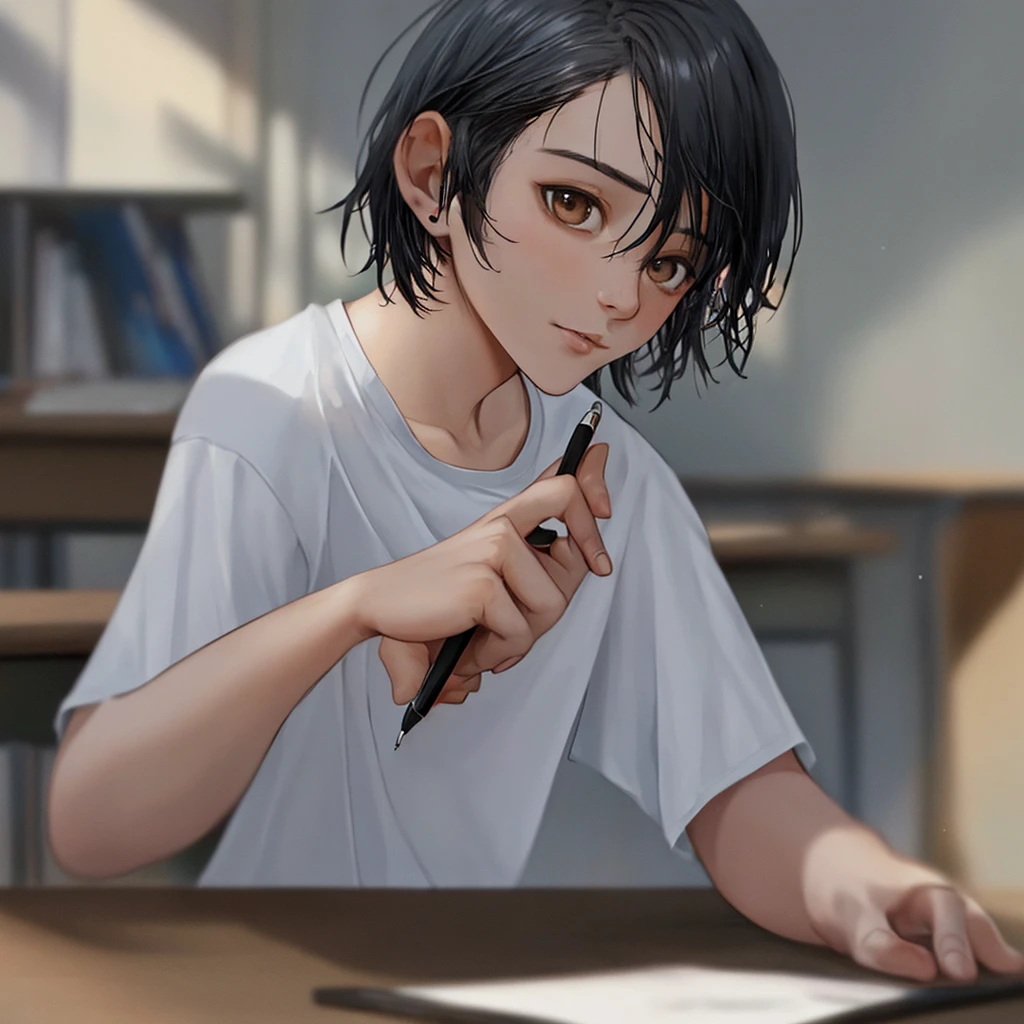 detailed portrait of a young man sitting in a classroom, wearing a white t-shirt and holding a pen, black short hair, exams and books on the desk, upper body focus, Loepfe artistic style, popular on CGStation, Xinhaicheng H 2160, inspired by Bian Shoumin, Xinhaicheng, Planned, guvitz style, best quality, 4k, 8k, highres, masterpiece:1.2, ultra-detailed, realistic, photorealistic, photo-realistic:1.37, HDR, UHD, studio lighting, ultra-fine painting, sharp focus, physically-based rendering, extreme detail description, professional, vivid colors, bokeh