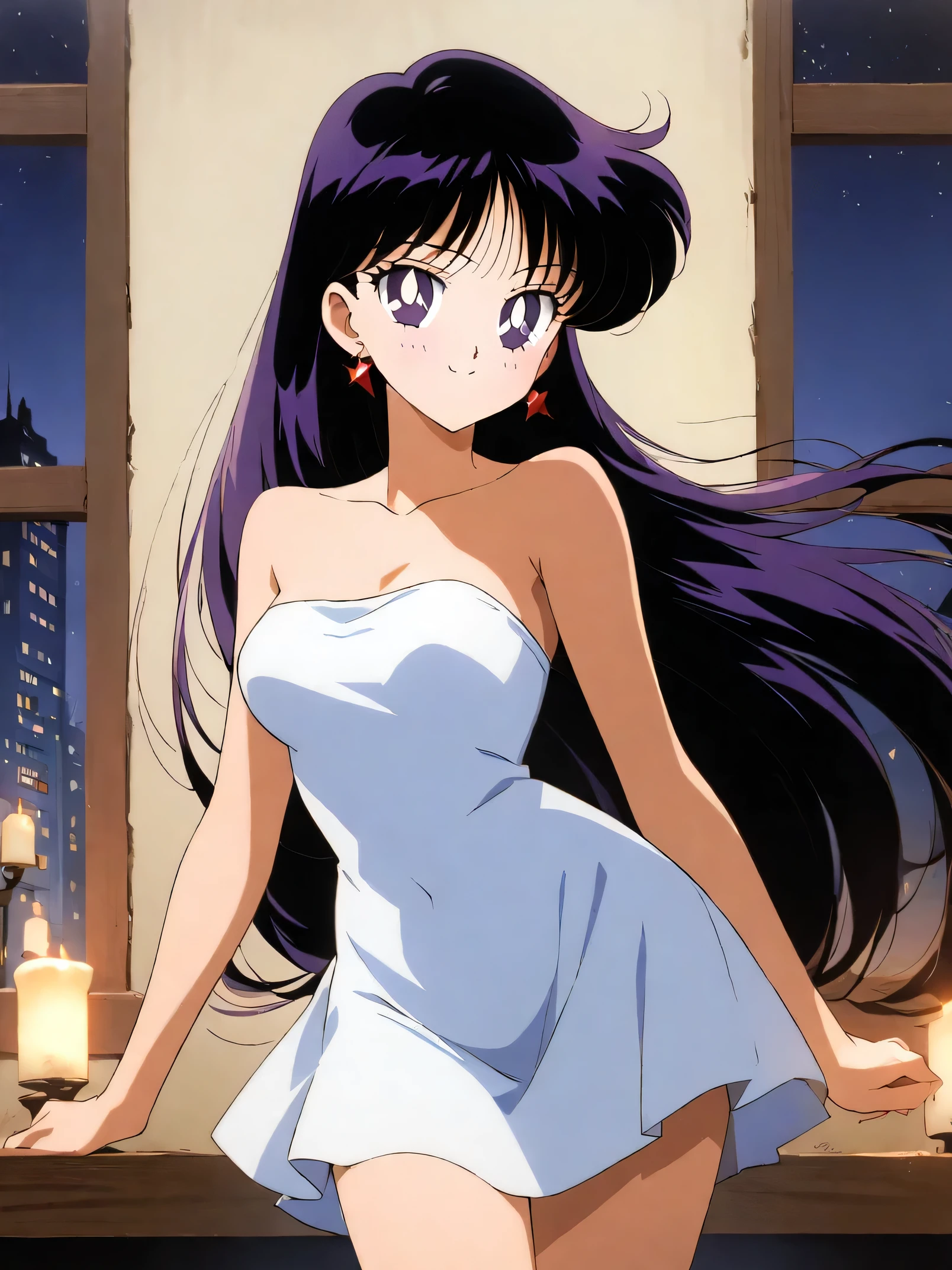 aamars, very long hair, black hair, parted bangs, purple eyes, 1990s \(style\), 1 girl, solo, Best quality, masterpiece, High Definition, strapless white tube dress, collarbone, dancing in the street at night, candle lights on the windowsill, cowboy shot, medium breast, smile,