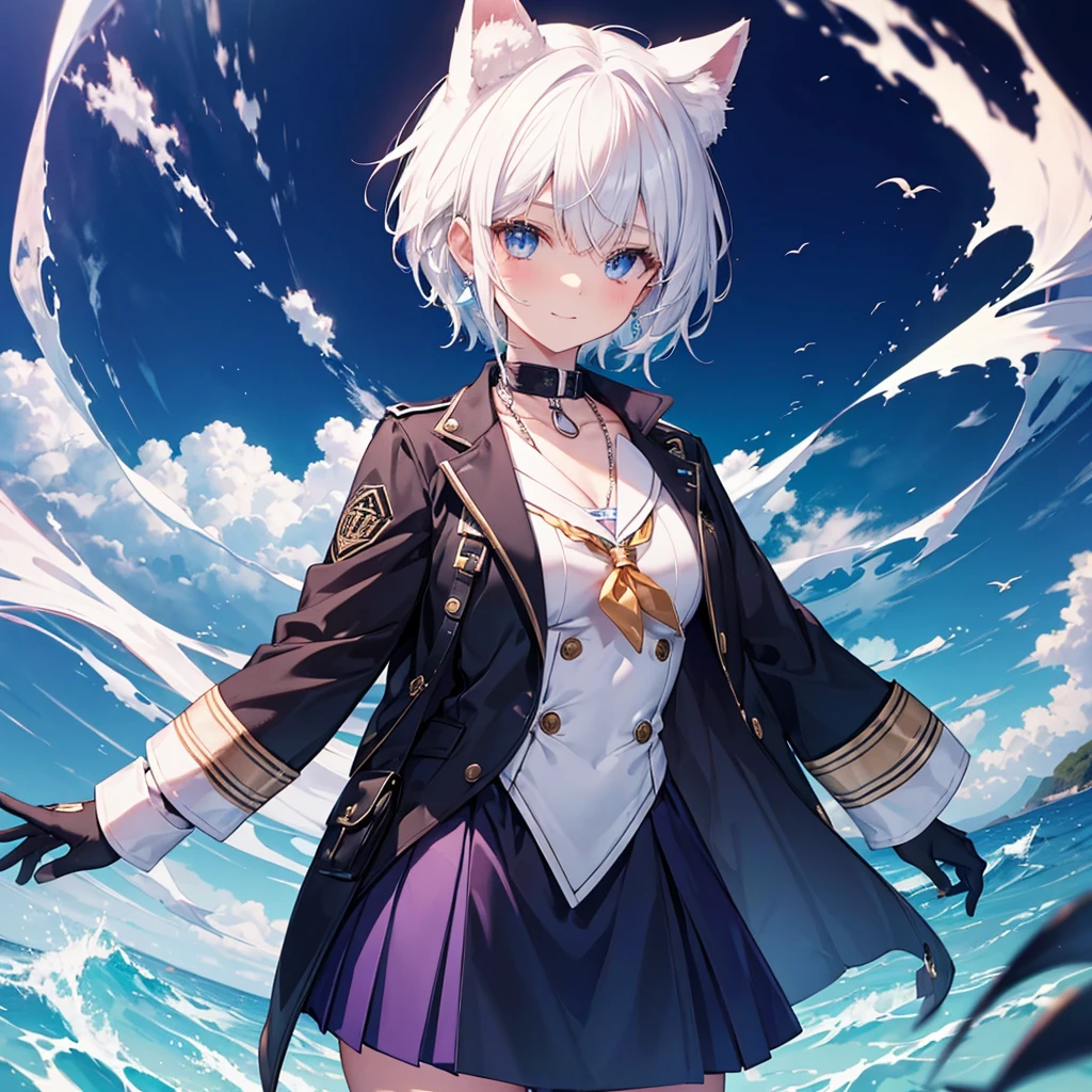 White Hair blue eyes short hair Have student Cat ear nice Blue Earrings necklace gloves beauty thin Sailor suit Put on a black coat Fantasy smile coastal sunset Fluffy hair