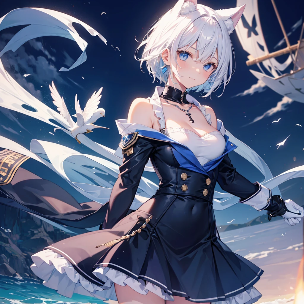 White Hair blue eyes short hair Have student Cat ear nice Blue Earrings necklace gloves beauty thin Sailor suit Put on a black coat Fantasy smile coastal sunset Fluffy hair