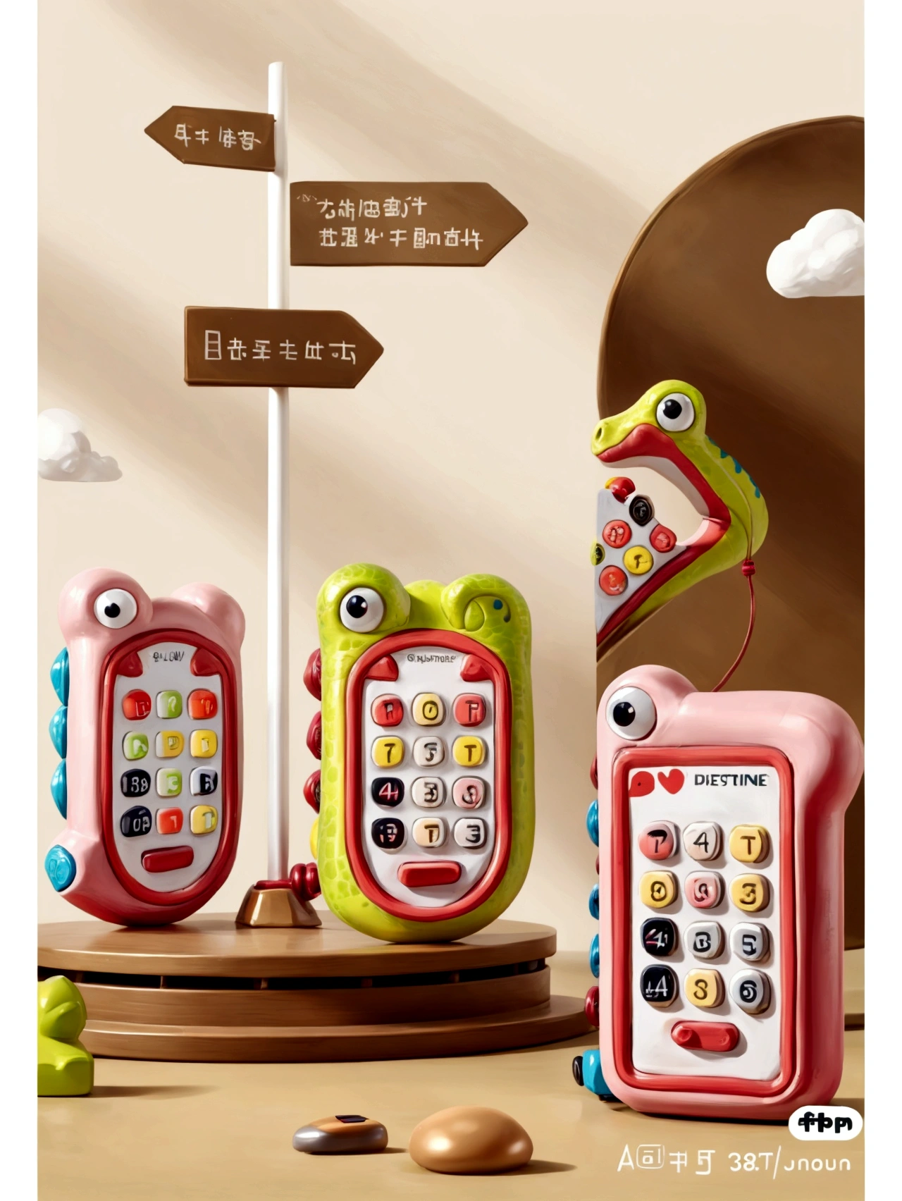 product design,(((A toy phone with a cute dinosaur appearance))),((Simplicity)),plastic,Background solid color,high quality,Clarity,Design renderings,multiple views,high quality, detailed,
