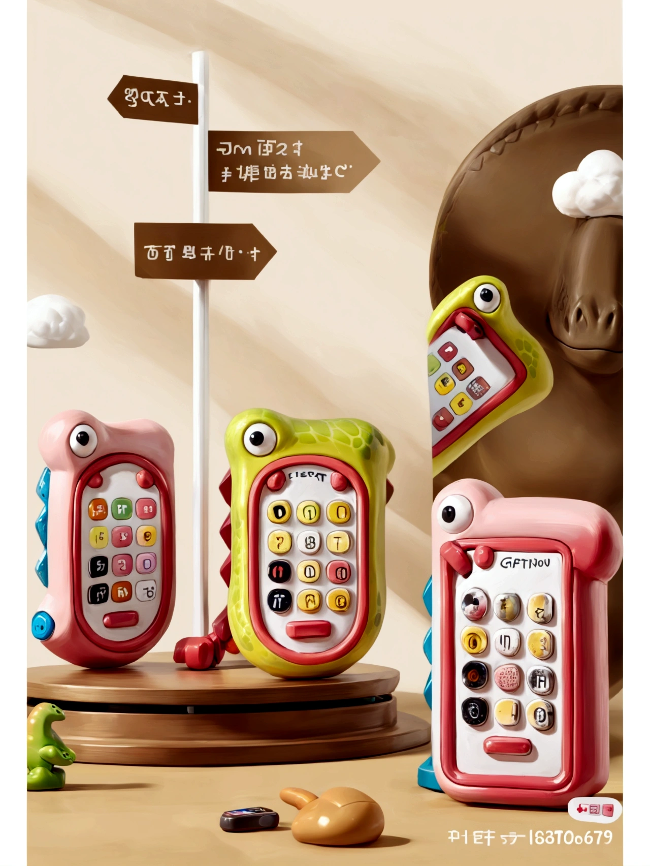product design,(((A toy phone with a cute dinosaur appearance))),((Simplicity)),plastic,Background solid color,high quality,Clarity,Design renderings,multiple views,high quality, detailed,