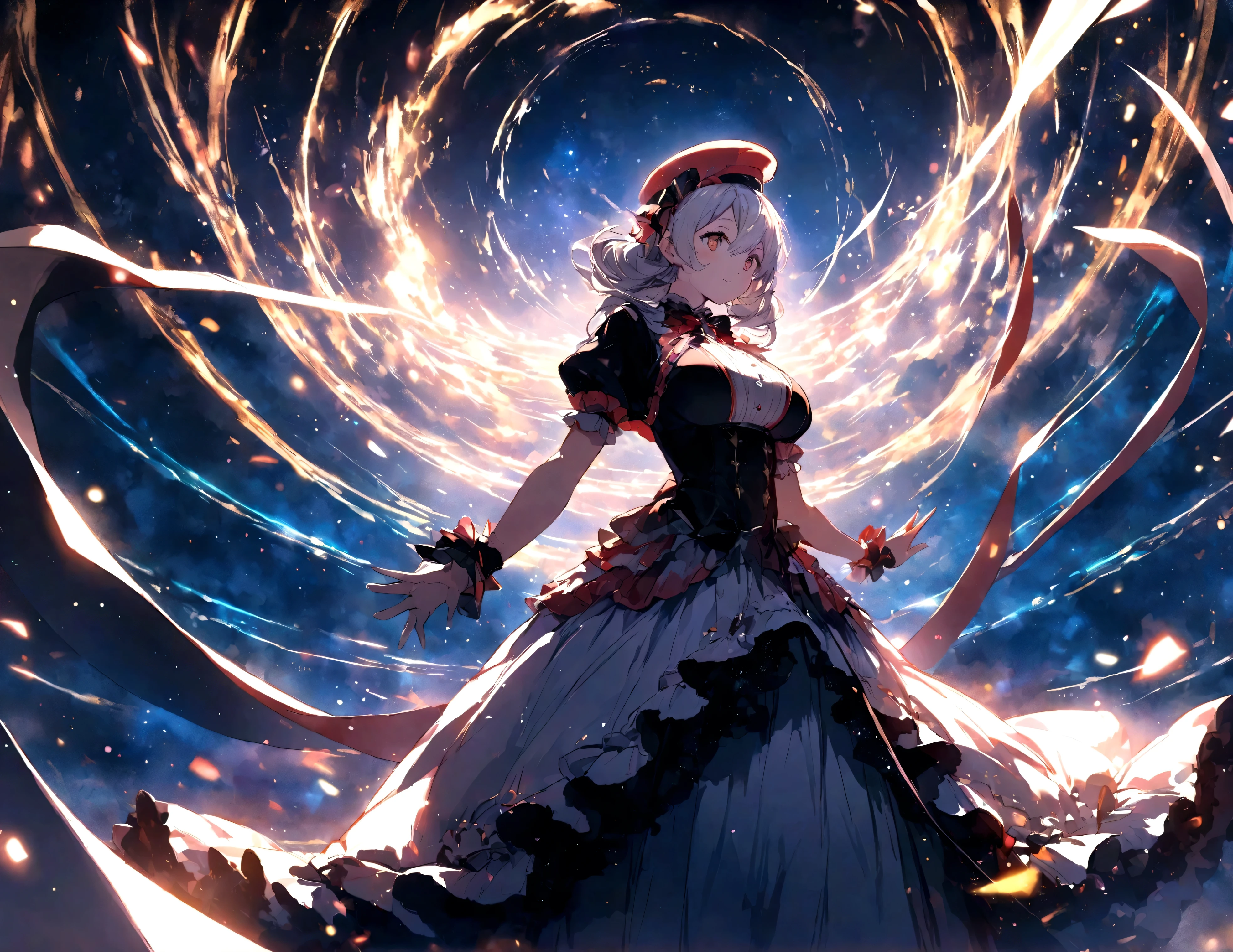 cute bear, Use uma fancy de ídolo，Wear a hat, fancy, Accent lighting, virado para a frente、Spectral Color, anime boobs, A winding road lit by millions of stars.