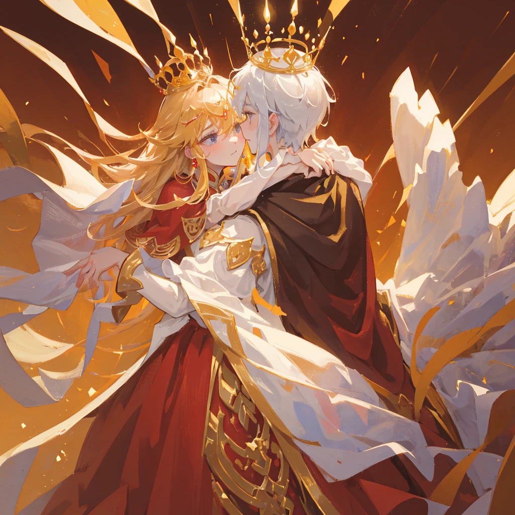 A princess and a prince，Two people wearing crowns，Hug together，Wear gorgeous clothes，Red Tone，((Pure golden background))