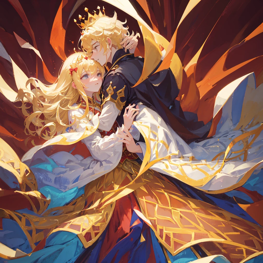 A princess and a prince,Two people wearing crowns,Hug together,Wear gorgeous clothes,Red Tone,((Pure golden background))