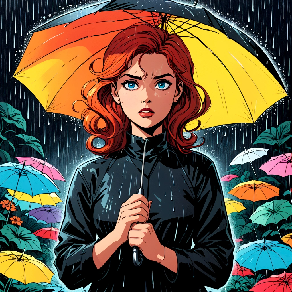 woman holding umbrella, technicolor rain, uv light face mask, , VHS, glitch, distorted, nostalgia, 90's retro vibes, analog tape, vcr aesthetics, tv, television, 1990's cartoon homage), comic 1990's, animated tv show screengrab, cinematic poster, image within image, multiple exposure, massive scale, rich color grading for shading depth, hand drawn rotoscope cartoon realism, chiaroscuro lighting, mixed media, vintage comic, retro original design, 1990's comic, sense of movement energy, A black and white world, holding umbrella, each drop of rain unleashes a ripple of color, bringing color to this otherwise mundane world, color reverberating out from each raindrop as it makes contact with the ground, subtle coloring to enrich the black and white image, rich color grading, sense of depth, shading and shadows
