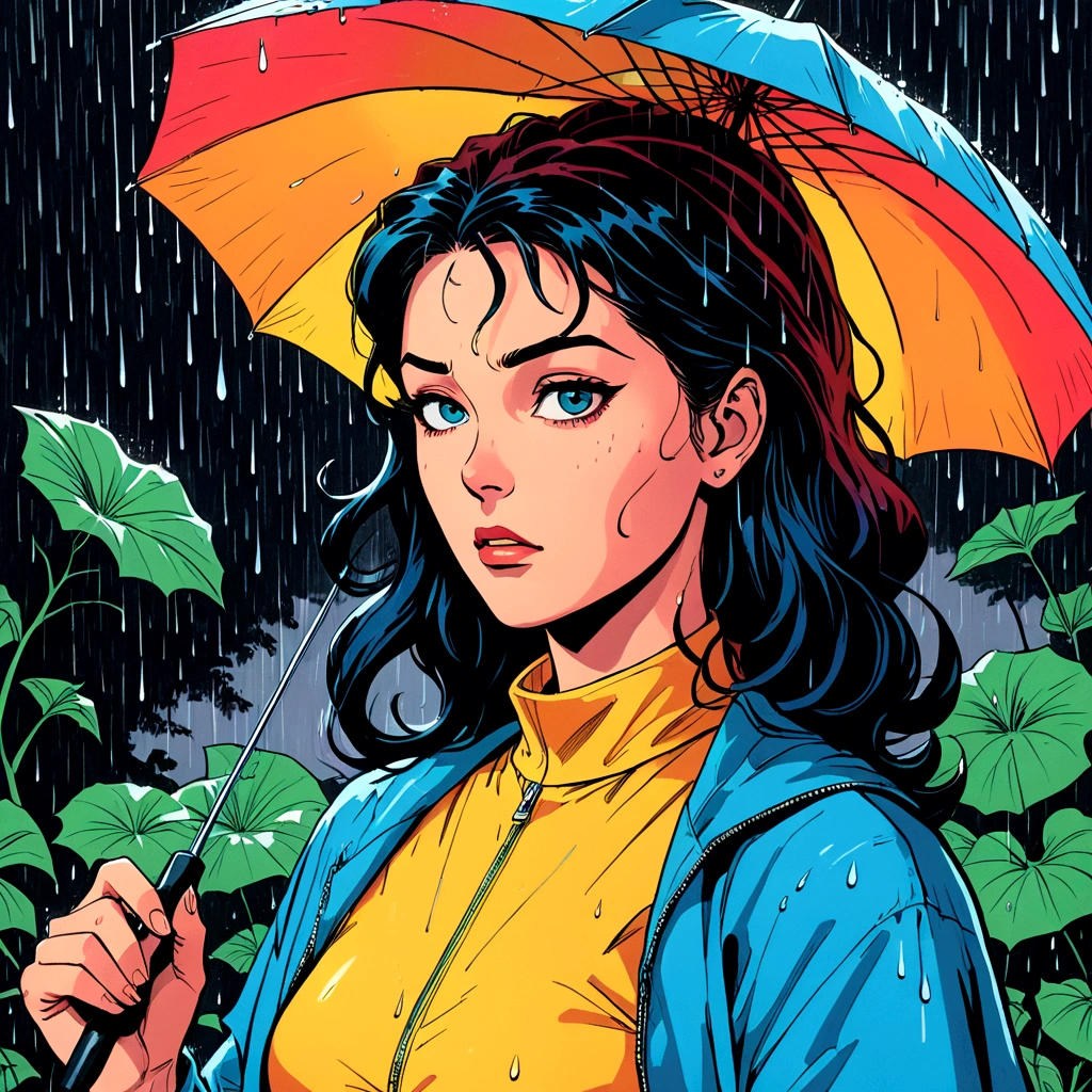 woman holding umbrella, technicolor rain, uv light face mask, , VHS, glitch, distorted, nostalgia, 90's retro vibes, analog tape, vcr aesthetics, tv, television, 1990's cartoon homage), comic 1990's, animated tv show screengrab, cinematic poster, image within image, multiple exposure, massive scale, rich color grading for shading depth, hand drawn rotoscope cartoon realism, chiaroscuro lighting, mixed media, vintage comic, retro original design, 1990's comic, sense of movement energy, A black and white world, holding umbrella, each drop of rain unleashes a ripple of color, bringing color to this otherwise mundane world, color reverberating out from each raindrop as it makes contact with the ground, subtle coloring to enrich the black and white image, rich color grading, sense of depth, shading and shadows