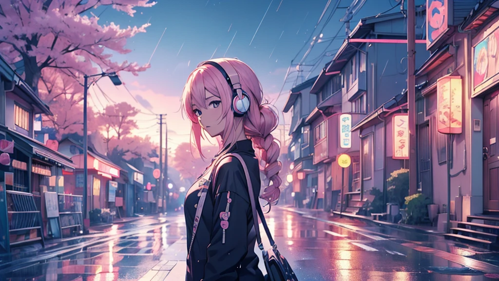 Woman wearing headphones, Anime Style 4 k, anime wallpaper 4k, anime wallpaper 4k, 4k anime wallpaper, anime art wallpaper 4k, anime art wallpaper 4k, Anime Style. 8K, Anime atmosphere, , Ultra HD Anime Wallpaper, Anime Art Wallpaper 8K, Anime Background,landscape、far away、music、rain