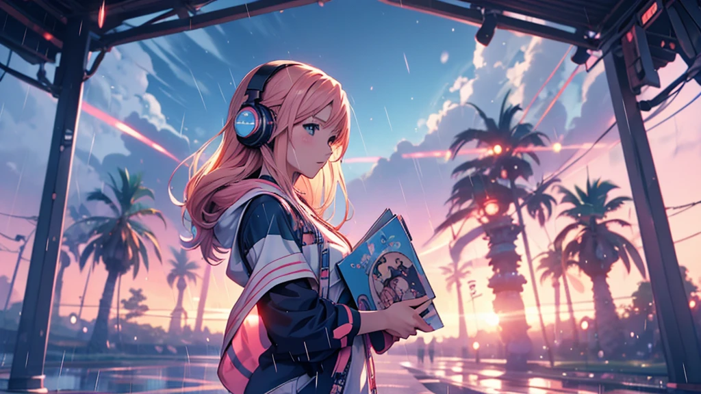 Woman wearing headphones, Anime Style 4 k, anime wallpaper 4k, anime wallpaper 4k, 4k anime wallpaper, anime art wallpaper 4k, anime art wallpaper 4k, Anime Style. 8K, Anime atmosphere, , Ultra HD Anime Wallpaper, Anime Art Wallpaper 8K, Anime Background,landscape、far away、music、rain