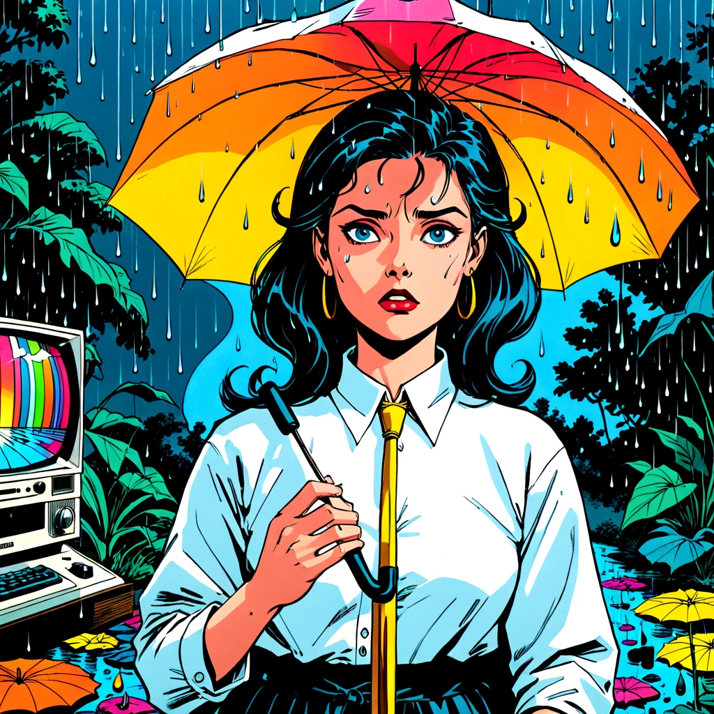woman holding umbrella, technicolor rain, uv light face mask, , VHS, glitch, distorted, nostalgia, 90's retro vibes, analog tape, vcr aesthetics, tv, television, 1990's cartoon homage), comic 1990's, animated tv show screengrab, cinematic poster, image within image, multiple exposure, massive scale, rich color grading for shading depth, hand drawn rotoscope cartoon realism, chiaroscuro lighting, mixed media, vintage comic, retro original design, 1990's comic, sense of movement energy, A black and white world, holding umbrella, each drop of rain unleashes a ripple of color, bringing color to this otherwise mundane world, color reverberating out from each raindrop as it makes contact with the ground, subtle coloring to enrich the black and white image, rich color grading, sense of depth, shading and shadows