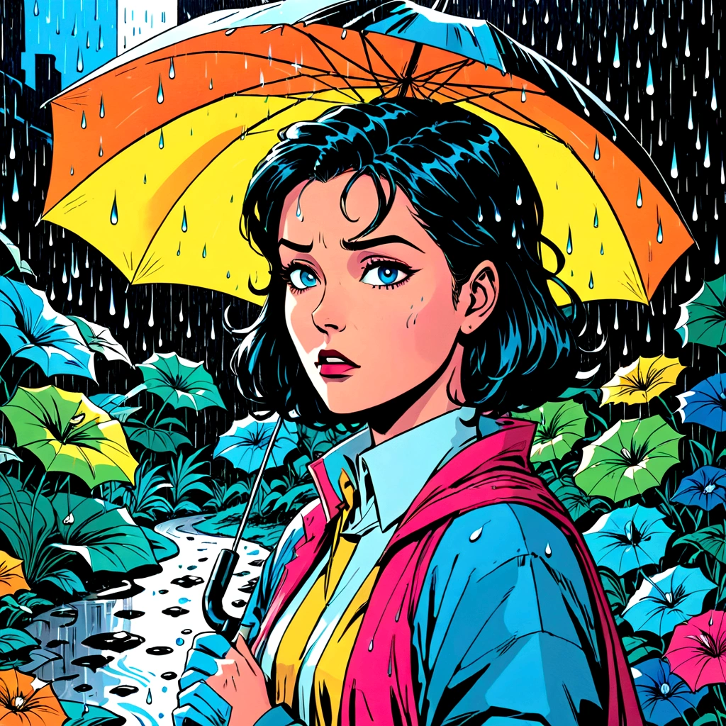 woman holding umbrella, technicolor rain, uv light face mask, , VHS, glitch, distorted, nostalgia, 90's retro vibes, analog tape, vcr aesthetics, tv, television, 1990's cartoon homage), comic 1990's, animated tv show screengrab, cinematic poster, image within image, multiple exposure, massive scale, rich color grading for shading depth, hand drawn rotoscope cartoon realism, chiaroscuro lighting, mixed media, vintage comic, retro original design, 1990's comic, sense of movement energy, A black and white world, holding umbrella, each drop of rain unleashes a ripple of color, bringing color to this otherwise mundane world, color reverberating out from each raindrop as it makes contact with the ground, subtle coloring to enrich the black and white image, rich color grading, sense of depth, shading and shadows