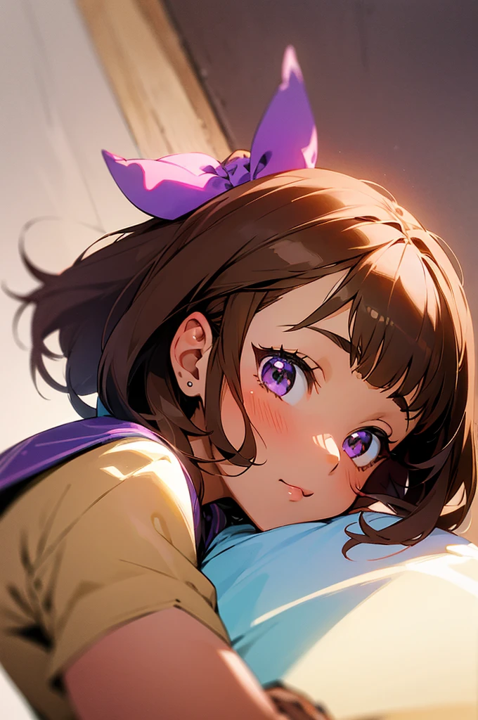 Cute anime style girl with purple details brown hair , brown skin tone