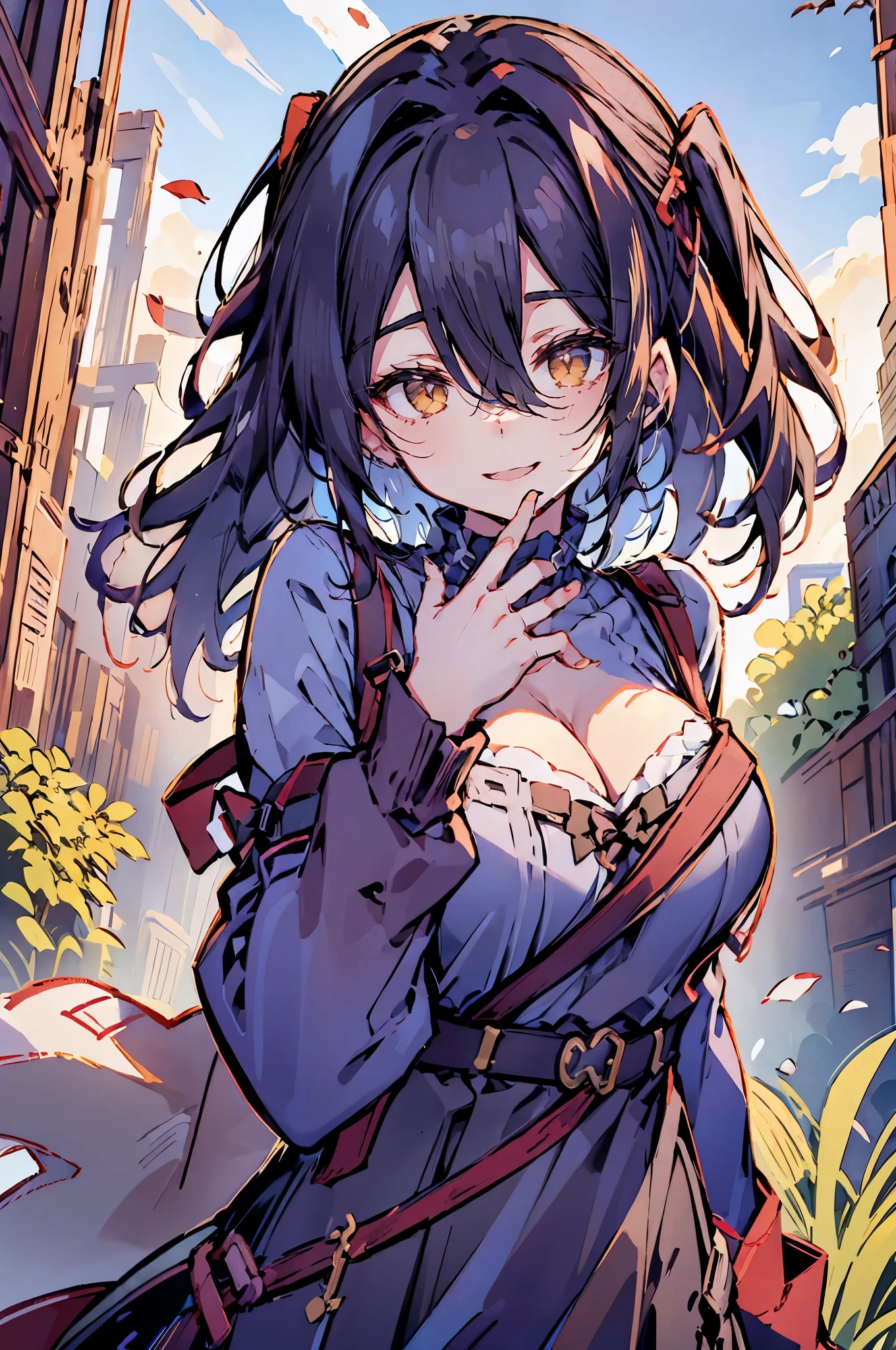 (masterpiece:1.2), (high quality:1.2), (hui xiyi:0.75), rekkyo sensen, rekkyou sensen, girls with((black hair, ( cleavage:1.15), (waving is hands:1.2), ( close up:1.15), (suspenders:1.2), (dress:0.65), (blue clothes:1.05), (belts:0.7), (frills shirt:1.2), (white knit sweater:1.2), camisole, exposed , straps, (long dress:1.1), (cross:1.05), (long wavy hair:1.2), (one side up:1.2), nun, long sleeves, (perfect hands:1.05), (five fingers:1.05))), background with((fantasy world, ruin, castle, beautiful sky, shining sky, sunshine))