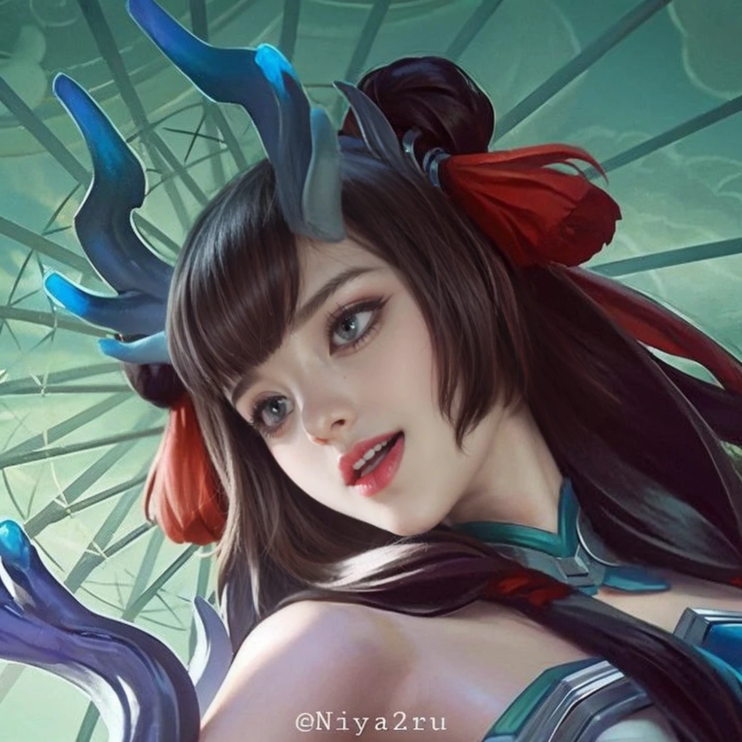 (female:1.2), 8k, ultra hd, ultra detailed texture, hyper realistic, masterpiece, detailed texture, detailed face, detailed skin, detailed lighting, (photorealistic:1.5), best quality, beautiful lighting, cinematic lighting, professional lighting, ultra highres, realistic, detailed hair, real hair, high quality, (realskin:1.5), extremely detailed, finely detail, ultra-detailed, 1girl, solo, elf, pointy ears, standing, demon horns, forehead protector, (red eyes:1.5), v-shapped eyebrow, lips, red lips, evil smile, nose, make up, pretty, beautiful, cute face, long hair, blue hair, high ponytail, large breasts, cleavage, armpit, navel, stomach, black armor, pauldrons, bare shoulders, shoulder armor, thigh high, sleevless, detached sleeves, breastplate, gauntlets, karina \(mobile legends\), depth of field, looking aways, white skin, skin tight, amazing pose, outdoors, glowing, dark view, blurry background