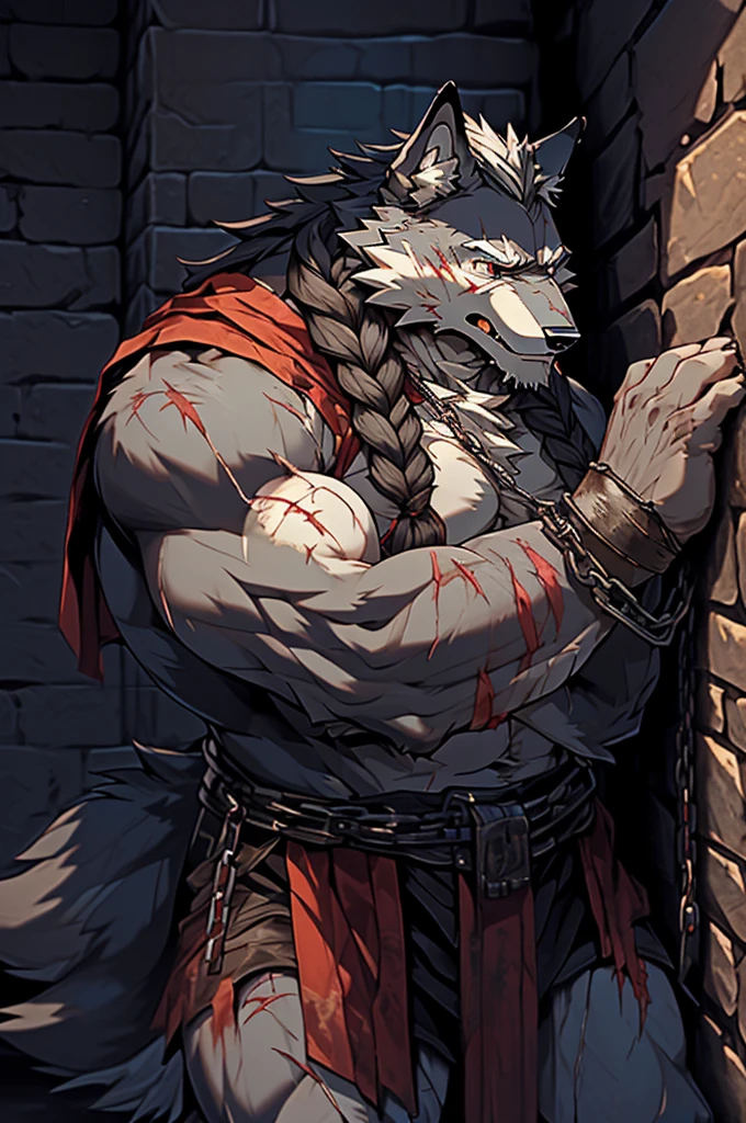 (solo),(best quality), (photorealistic:1.2), (masterpiece:1.3), (realistic detail:1.2), highest quality, ultra detailed, 8k, RAW photo, (mature male wolf:1.3), (general),(defeated),(damaged body),(extreme detail:1.3), (gray fur:1.2), facial hair, long hair, white braided hair, (blood:1,6),(elderly:1.2), (emaciated:1.3), nude, (muscular:1.3), (battered body:1.4), bleeding, (heavily scarred:1.4), shackled, (chained:1.4),(chains wrapped around his arms and main body ), (dungeon:1.3), (torture:1.3), (extreme pain:1.5), (semiconscious:1.3), (main body nailed to the wall:1.3), (weak:1.4), (suffering:1.5), (dim lighting:1.2)
