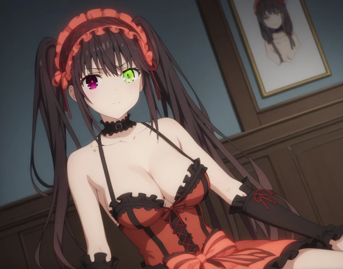 kurumi tokisaki, black hair, red eyes, long hair, twintails, yellow eyes, hairband, heterochromia, dress unbuttoned, red dress unbuttoned, bare shoulders, collarbone, choker, bowtie, red bowtie, detached sleeves, corset unbuttoned, frills, cleavage unbuttoned,sitting,legs open, looking at viewer, cowboy shot, dutch angle,showing naked breasts, medium large breasts, showing naked breasts ,li(cowboy photo: 1.5)