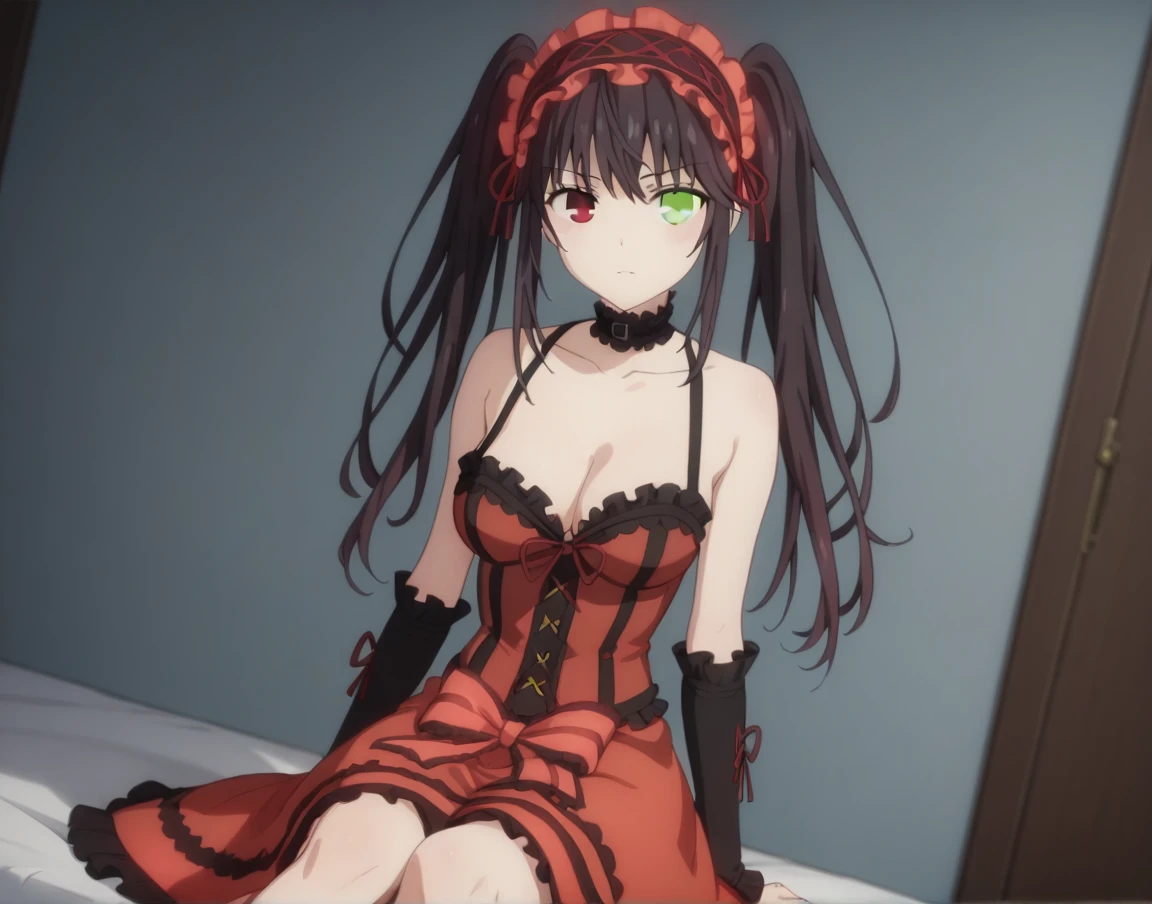 kurumi tokisaki, black hair, red eyes, long hair, twintails, yellow eyes, hairband, heterochromia, dress unbuttoned, red dress unbuttoned, bare shoulders, collarbone, choker, bowtie, red bowtie, detached sleeves, corset unbuttoned, frills, cleavage unbuttoned,sitting,legs open, looking at viewer, cowboy shot, dutch angle,showing naked breasts, medium large breasts, showing naked breasts ,(cowboy photo: 1.5)