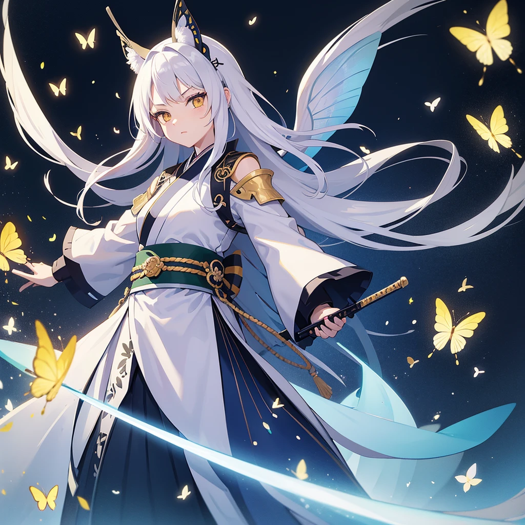 swordsman,1 girl,animal,animal print,belt,belt Buckle up,silver hair,blue Butterfly,Buckle up,loopholes,Butterfly,Butterfly hair accessories,Butterfly on hand,Butterfly print,forehead,glowing Butterfly,gradient hair,hair accessories,Haori,Keep,Keep sword,Keep arms,japanese clothes,Samurai sword,Section Chief Ren,long hair,long sleeve,petal,alone,sword,arms,white belt,white Butterfly,wide sleeves,yellow Butterfly,Keep sword with both hands,sword focus, kitsune mask