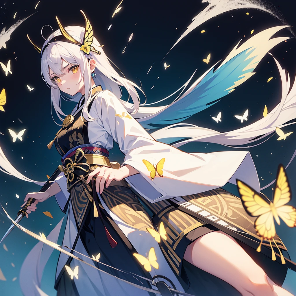 swordsman,1 girl,animal,animal print,belt,belt Buckle up,silver hair,blue Butterfly,Buckle up,loopholes,Butterfly,Butterfly hair accessories,Butterfly on hand,Butterfly print,forehead,glowing Butterfly,gradient hair,hair accessories,Haori,Keep,Keep sword,Keep arms,japanese clothes,Samurai sword,Section Chief Ren,long hair,long sleeve,petal,alone,sword,arms,white belt,white Butterfly,wide sleeves,yellow Butterfly,Keep sword with both hands,sword focus, kitsune mask