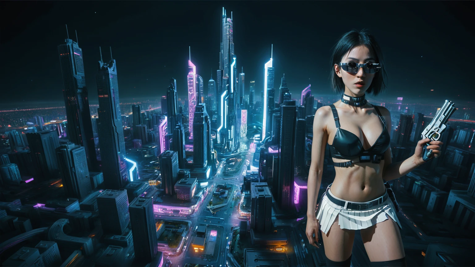 Cyberpunk female plagiarist immersed in digital theft, neon-lit alias within a vast online labyrinth, grotesque grunge brushing into surrealism, illuminated by kaleidoscopic volumetric light, a detailed masterpiece reminiscent of Moebius' distinctive style, deep focus, heightened depth field, psychedelic undertones amplified in a cinematic shot, (((((aerial view of cyberpunk city at night))))), (((((1girl, solo, alone))))), photo realistic, (((((large-breast:1.4 slim body, cleavage:1.4))))), (((off broken mini sling-shirt and black sling bra, (((extreamly short white pleated miniskirt, micro panty)))))), (((((running pose))))), (((((((matrix style black micro sunglasses))))))), ((((((((((aiming with a short gun)))))))))), (((((looking at camera))))), (((very low view))), (((((half-body thigh level medium shot))))), (((cinematic lighting))).