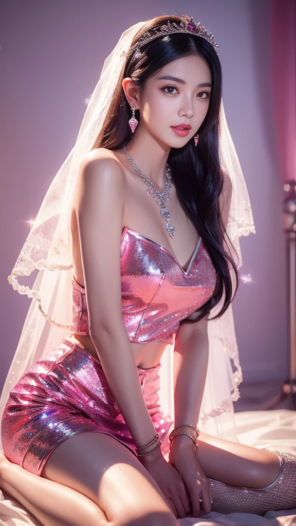 4K, UHD, masterpeice, 1 girl, good face, happy face, ((white skin)), detailed eyes, detailed lipstick, very long hair, straight hair, very long hair, beautiful hair, hair ornaments, hairband, gradient hair, ((magenta stocking)), ((princess clothing)), ((decorated clothing)), ((sardine)), ((sparkle clothing)), ((magenta lace)), ((diamond bracelet)), ((pendant)), ornaments, necklace, earring, high lighting, ((in the wedding stage)), fujicolor, depth of field, ray tracing, ultra realistic detailes,