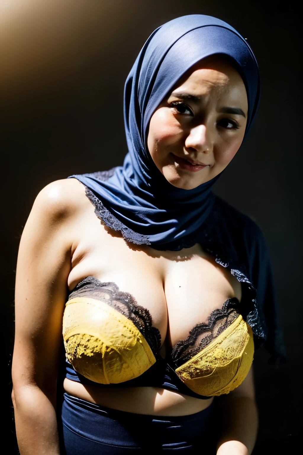 ((YELLOW)), CHUBBY ((Gigantic tits:1.5)), (from behind up) seductive pose, ((Old lady:2.1)), (Happy smile), (((HIJAB MALAY GIRL))), masutepiece, High quality, UHD 32K, Realistic face, Realistic skin feeling , A Japanese Lady, 58 years old matured lady, (((FLAT CHEST))), (Night time at forest), ((look In front  at the camera and SADNESS)), (((YELLOW FLUORESCENT LIPS)), ((Floral Pattern)), ((wearing pastel lace strapless bra)), dark night background , yellow forest night, horror scary place,